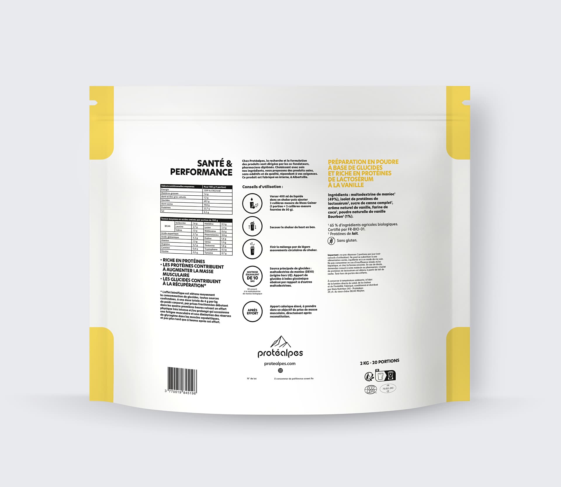 Sac de préparation en poudre Protéalpes, riche en protéines, sans édulcorants ni additifs, saveur vanille, 2 kg.