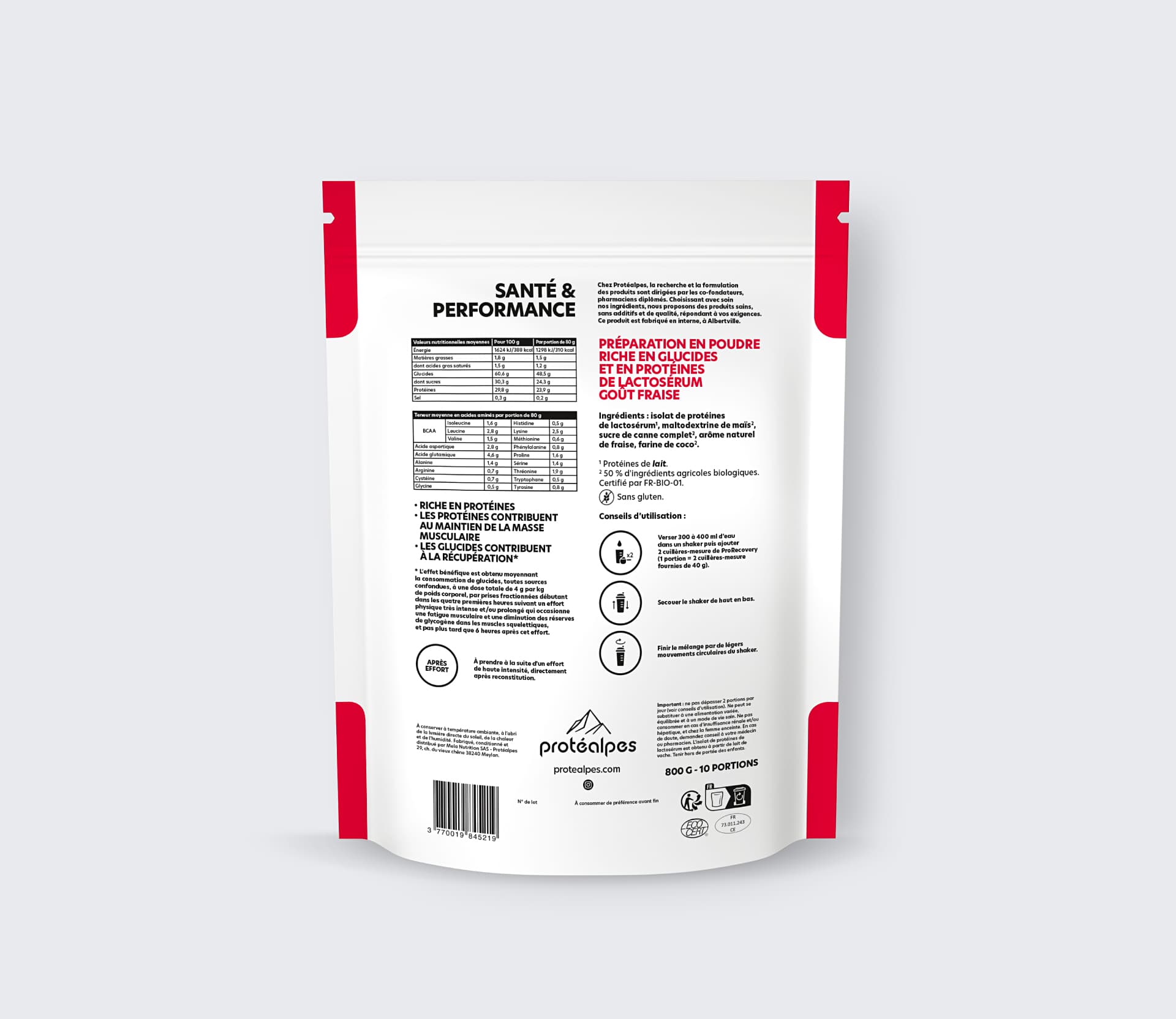 Packung Proteinpulver von Protéalpes, reich an Kohlenhydraten, Erdbeergeschmack, ohne Süssstoffe oder Zusatzstoffe, 100% Bio-Zutaten.