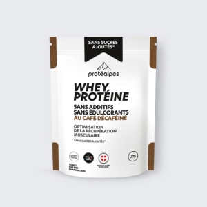 Whey protein from Protéalpes with no additives or sweeteners, decaffeinated coffee flavour, for optimal muscle recovery.