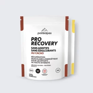 Protéalpes Pro Recovery cocoa sachet, with no additives or sweeteners, for high-intensity sports recovery.