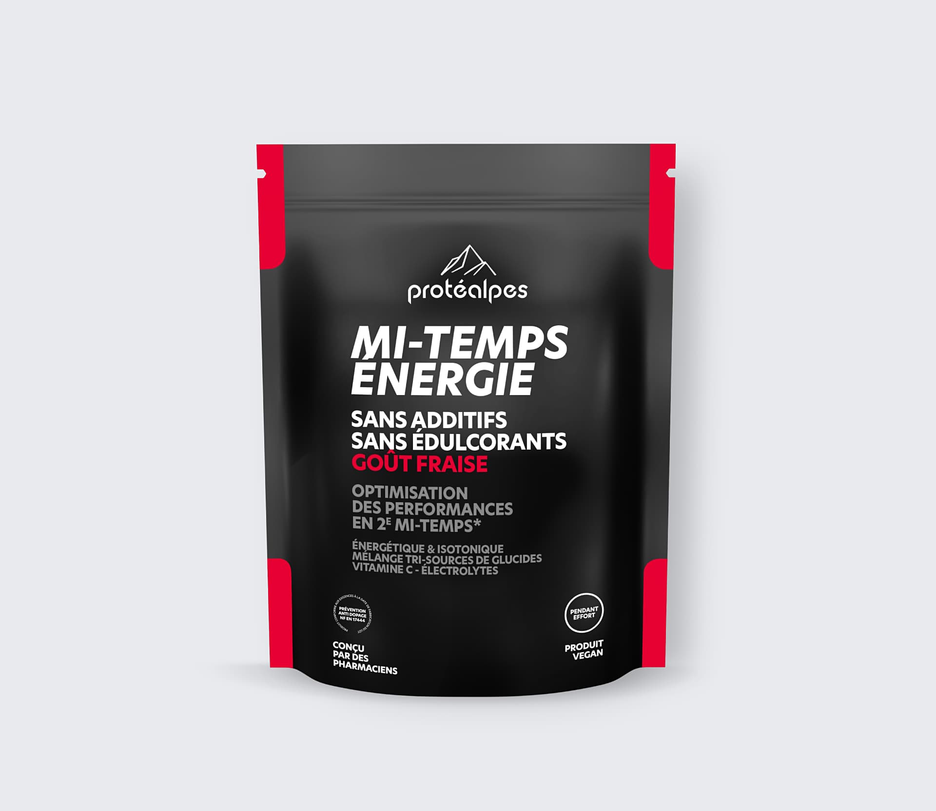 Sachet Protéalpes Mi-Temps Énergie goût fraise, sans additifs ni édulcorants, optimisant les performances sportives.