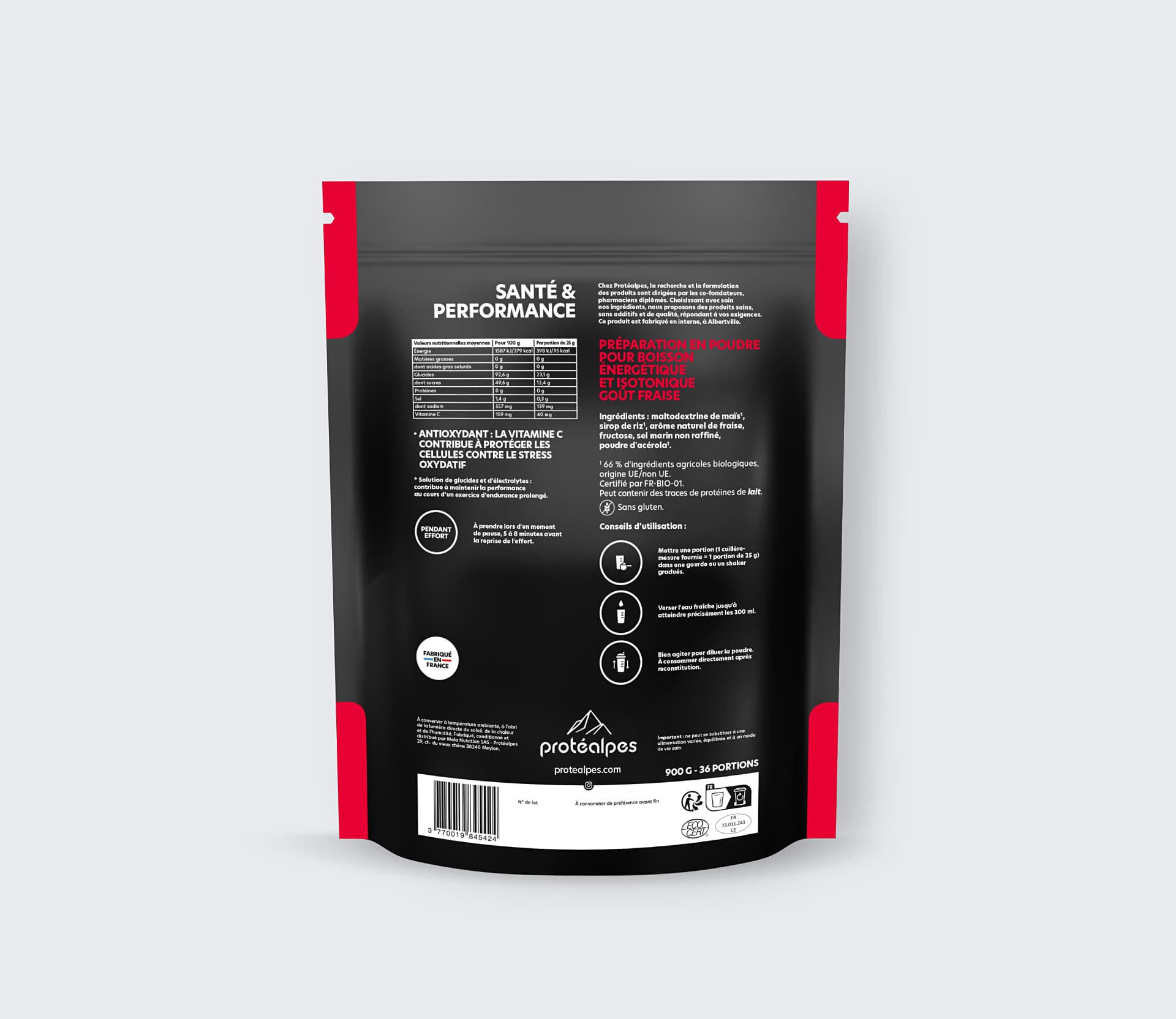 Strawberry-flavoured Protéalpes energy drink, 900g. No sweeteners or additives, for high-quality sports nutrition.