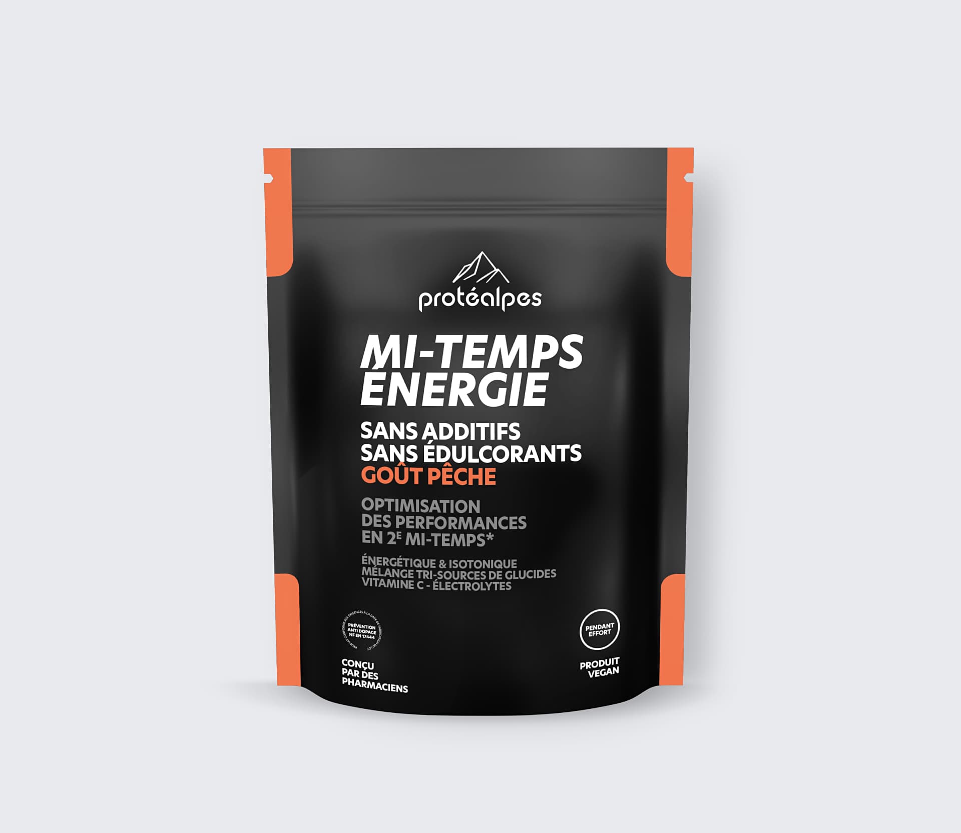 Protéalpes Mi-Temps peach-flavoured energy sachet, with no additives or sweeteners, to improve sports performance.