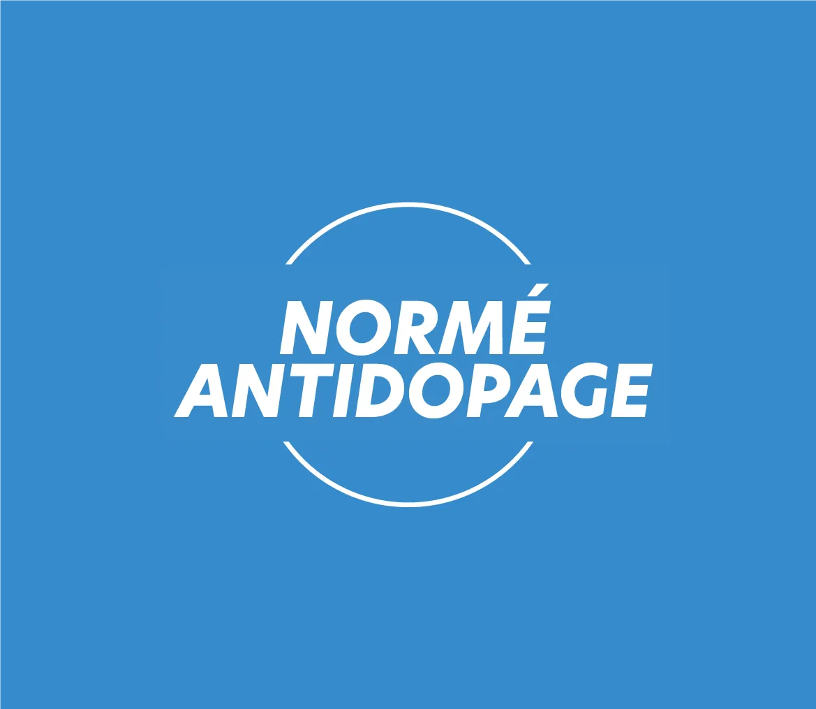 Texte blanc Normé Antidopage sur fond bleu. Certifie produits Protéalpes sans édulcorants ni additifs, sûrs pour sportifs.