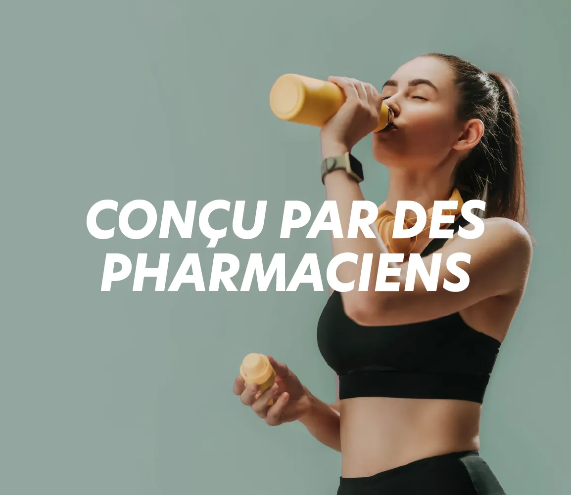 Femme sportive buvant, texte Conçu par des pharmaciens. Nutrition sportive Protéalpes, sans édulcorants ni additifs.