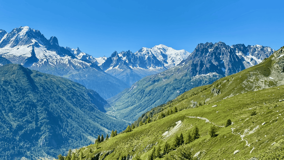 Panorama alpin ensoleillé, symbolisant la pureté et la naturalité des produits Protéalpes, sans édulcorants ni additifs.
