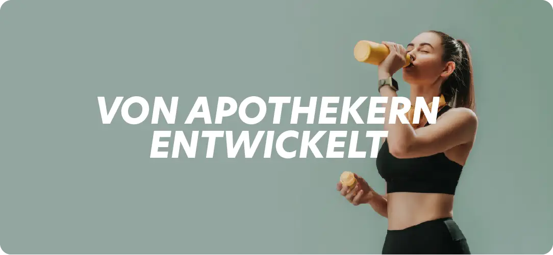 Sportlerin, die ein Getränk trinkt, Text Von Apothekern entworfen. Ernährung Protealpes: Qualität ohne Süssstoffe und Zusatzstoffe.