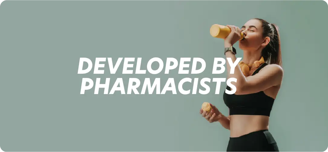 Sportswoman drinking a drink, text Designed by pharmacists. Nutrition Protéalpes: quality without sweeteners or additives.