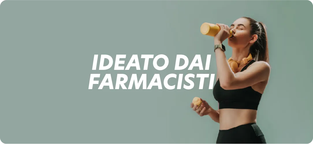 Donna sportiva che beve una bevanda, testo Ideato dai farmacisti. Protéalpes Nutrition: qualità senza edulcoranti né additivi.