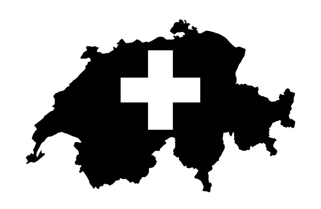 Carte de la Suisse avec une croix centrée, représentant l'engagement de Protéalpes pour une nutrition sportive pure et naturelle.