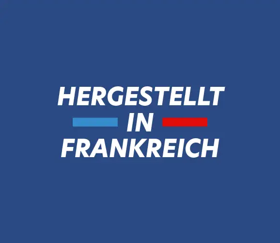 Text Fabriqué en France auf blauem Hintergrund, blau und rot unterstrichen, was auf die französische Qualität von Protéalpes hinweist.