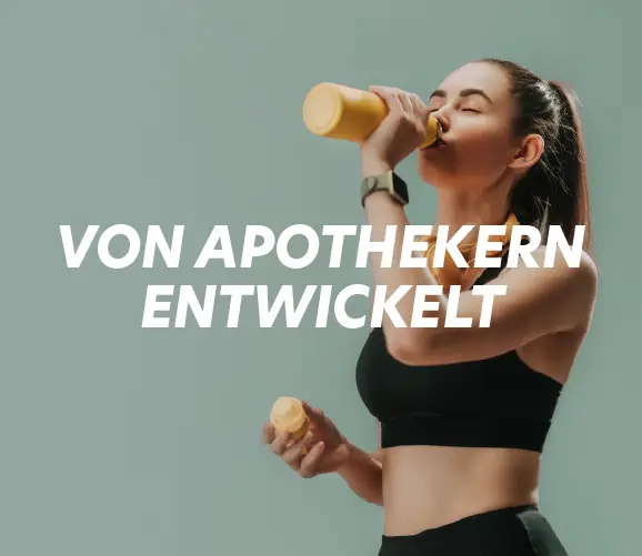 Sportliche Frau trinkt, Text Von Apothekern entworfen. Sporternährung Protealpes, ohne Süssstoffe und Zusatzstoffe.