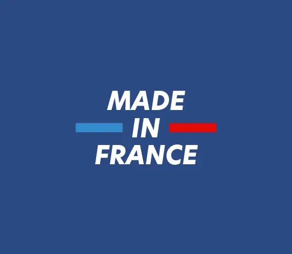 Made in France text on a blue background, underlined in blue and red, evoking the French quality of Protéalpes.