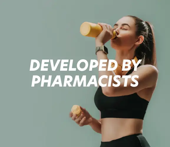 Sportswoman drinking, text Designed by pharmacists. Protéalpes sports nutrition, without sweeteners or additives.