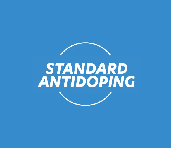 Testo bianco standard antidoping su sfondo blu. Certifica che i prodotti Protéalpes non contengono edulcoranti o additivi e sono sicuri per gli sportivi.