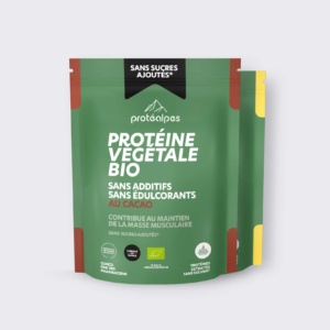 Poudre de protéine végétale bio au cacao, sans additifs ni édulcorants. Contribue au maintien de la masse musculaire.