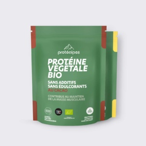 Sac de protéine végétale bio Protéalpes, sans additifs ni édulcorants, au cacao. Contribue à la masse musculaire.
