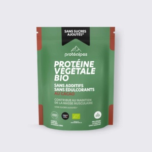 Sachet de protéine végétale bio au cacao, sans additifs ni édulcorants, contribuant au maintien de la masse musculaire.