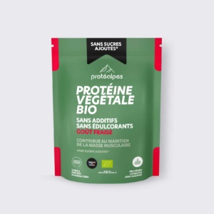 Sachet de protéine végétale bio goût fraise, sans additifs ni édulcorants, contribuant au maintien de la masse musculaire.