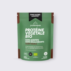 Mélange de protéine végétale bio goût moka, sans sucres ajoutés, additifs ou édulcorants, idéal pour la nutrition sportive.