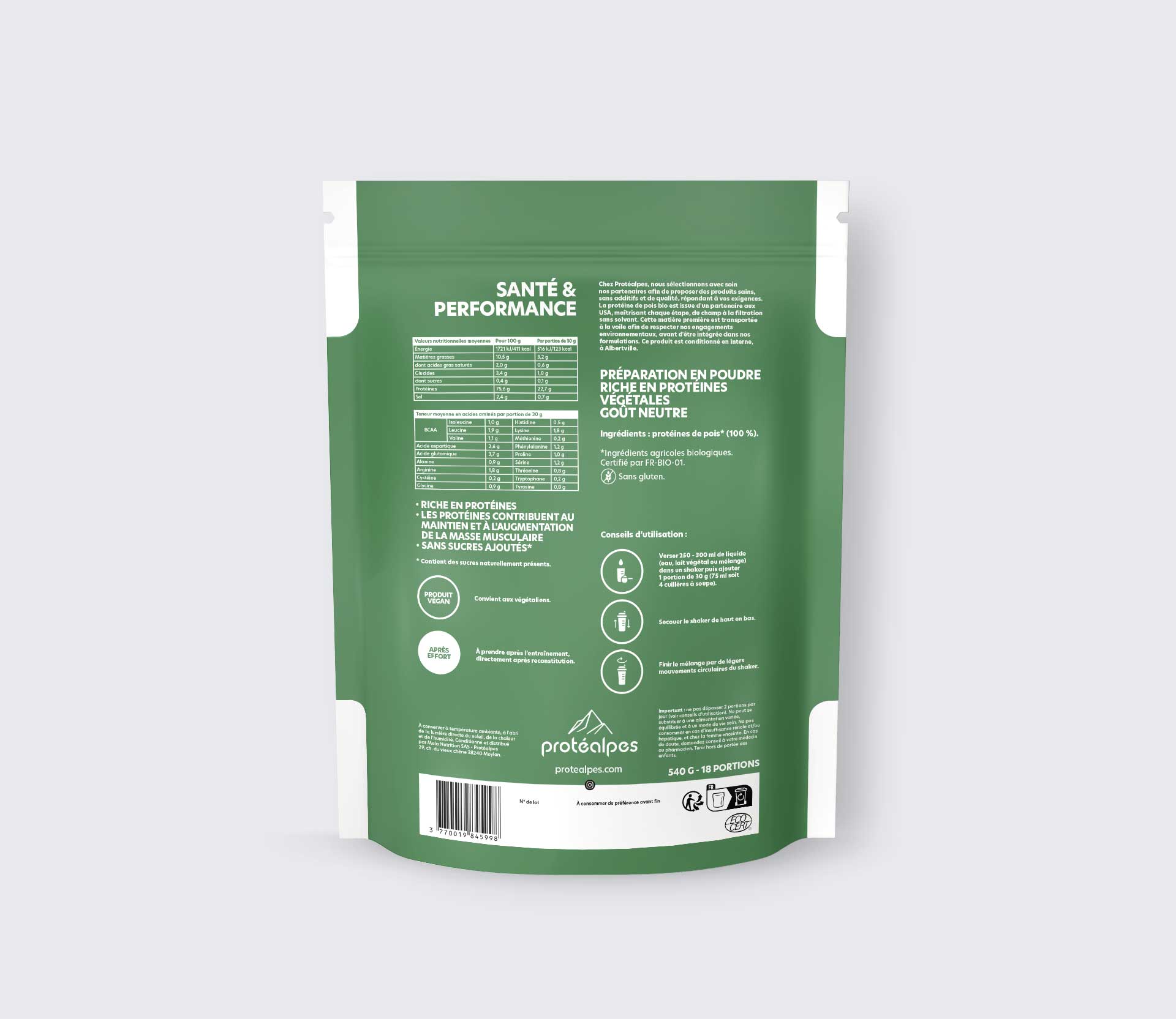 Etichetta di una bustina di proteine vegetali senza additivi, ricca di proteine, dal gusto neutro. Ideale per l'alimentazione sportiva.