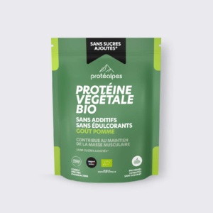 Poudre de protéine végétale bio, sans additifs ni édulcorants, goût pomme, pour maintenir la masse musculaire.