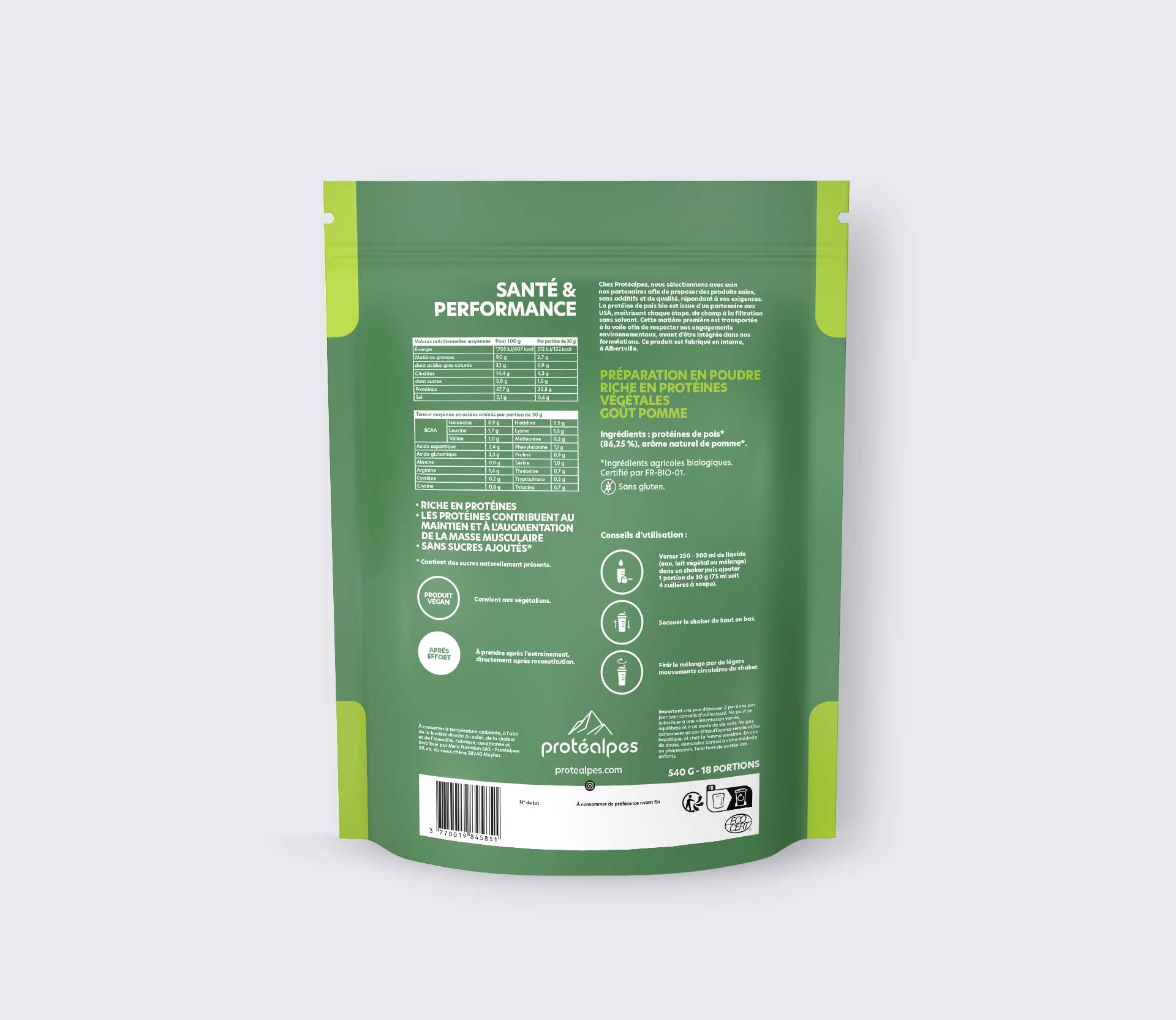 Préparation en poudre riche en protéines végétales, sans additifs ni édulcorants, goût pomme, pour une nutrition sportive saine.