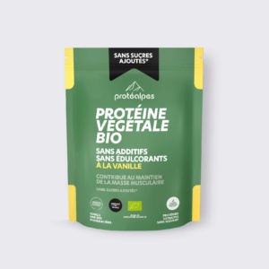 Sachet de protéine végétale bio sans additifs ni édulcorants, goût vanille, conçu pour le maintien de la masse musculaire.