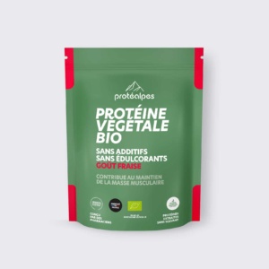Poudre de protéine végétale bio, sans additifs ni édulcorants, goût fraise. Idéale pour les sportifs suisses.