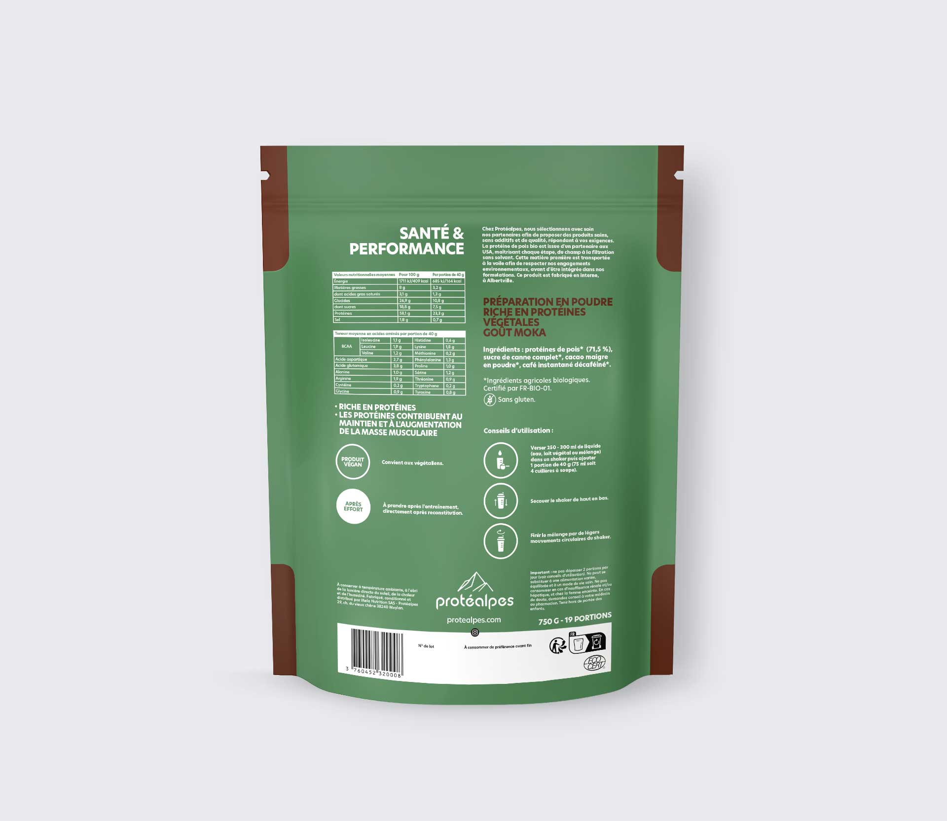 Alternativtext: Beutel mit pflanzlichem Protein im Mokka-Geschmack, proteinreich, ohne Süßstoffe und Zusatzstoffe, hergestellt von Protéalpes.