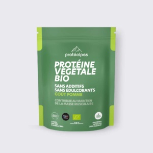 Poudre de protéine végétale bio goût pomme, sans additifs ni édulcorants, contribuant à la masse musculaire. Fabriqué en France.