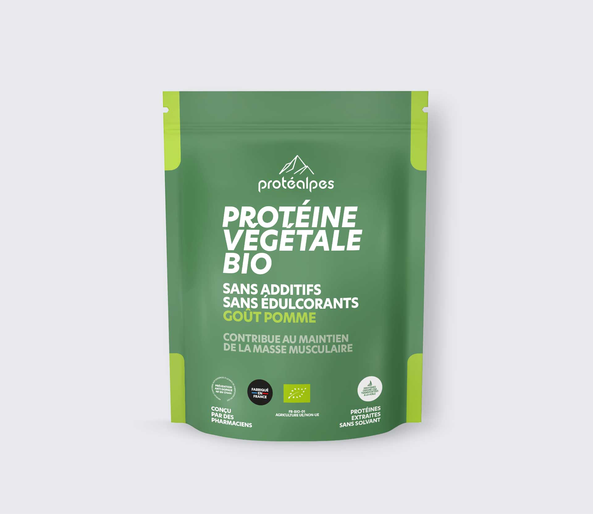Proteine vegetali biologiche in polvere al gusto di mela, senza additivi né dolcificanti, che contribuiscono allo sviluppo della massa muscolare. Prodotto in Francia.