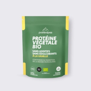 Produit de protéine végétale bio Protéalpes, sans additifs ni édulcorants, saveur vanille, pour le maintien de la masse musculaire.