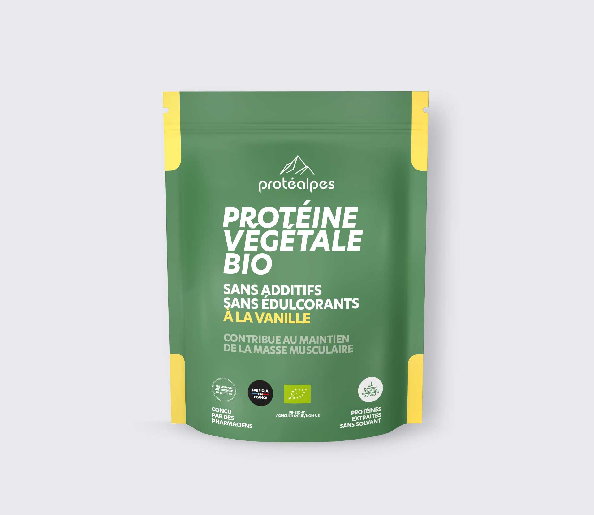 Produit de protéine végétale bio Protéalpes, sans additifs ni édulcorants, saveur vanille, pour le maintien de la masse musculaire.