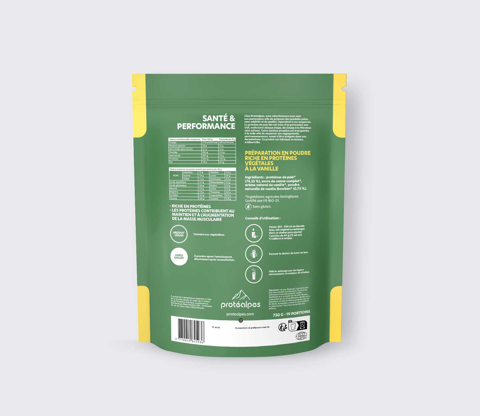 Texte alt : Sachet de préparation protéinée végétale Protéalpes, sans édulcorants ni additifs, riche en protéines à la vanille.